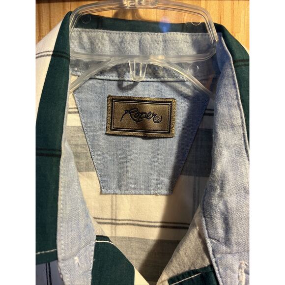 Roper Men’s XL White Green Striped Short Sleeve Pearl Snap Cotton Western Shirt - Picture 3 of 12